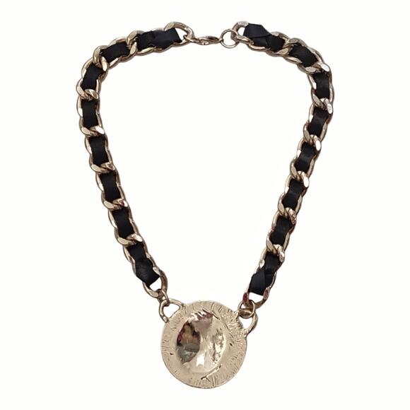 Gold Lions Face Medallion Necklace Black Leather Braided Chain Pendent Statement - Picture 7 of 8